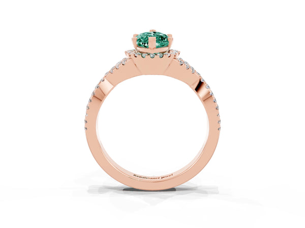 Rose gold Marquise Cut Green Sapphire  Halo Twist Band Solitaire Prong Setting Ring