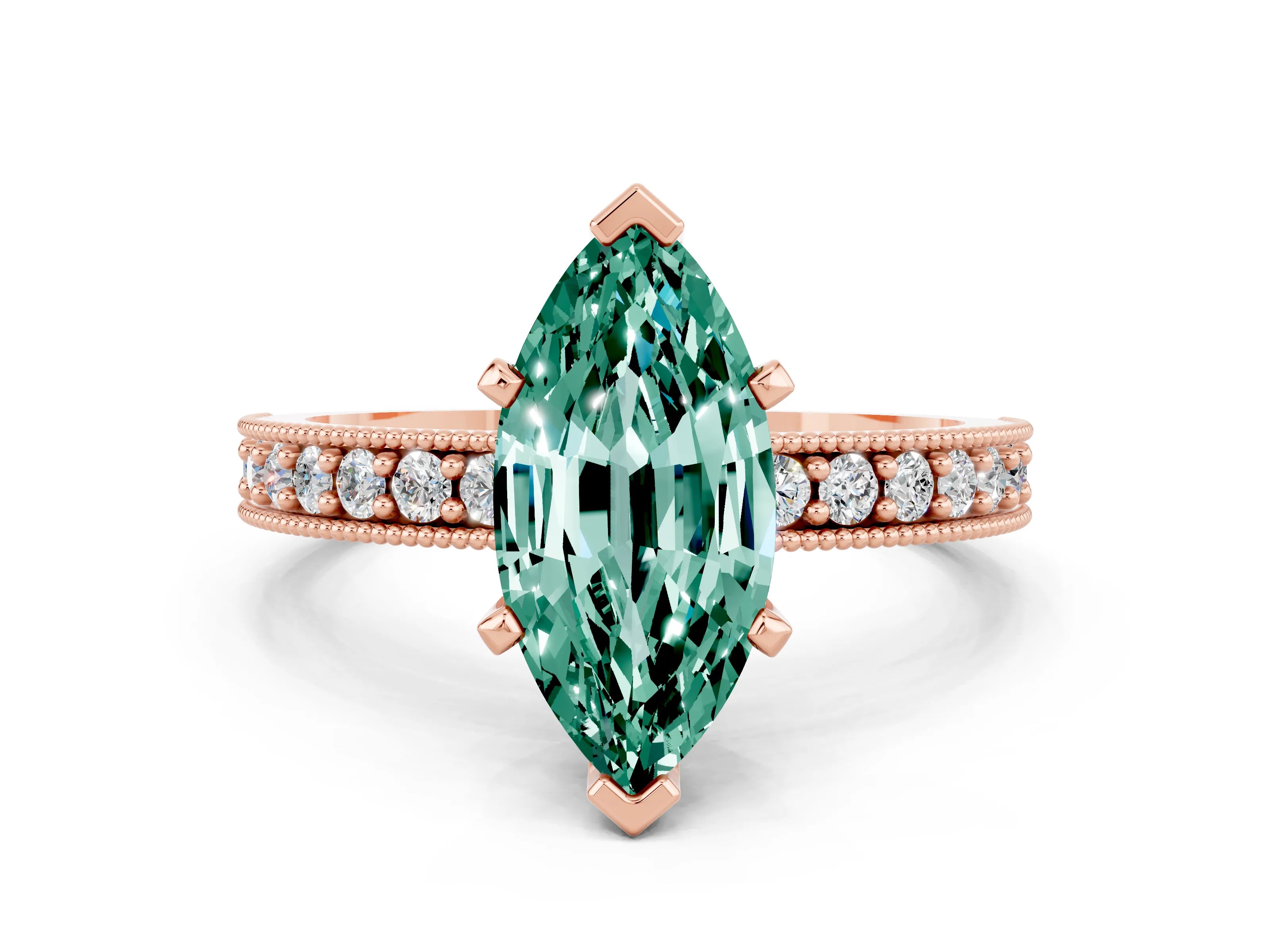 Rose gold Marquise Cut Green Sapphire Milgrain Pavé Engagement Ring with Four-Prong Setting