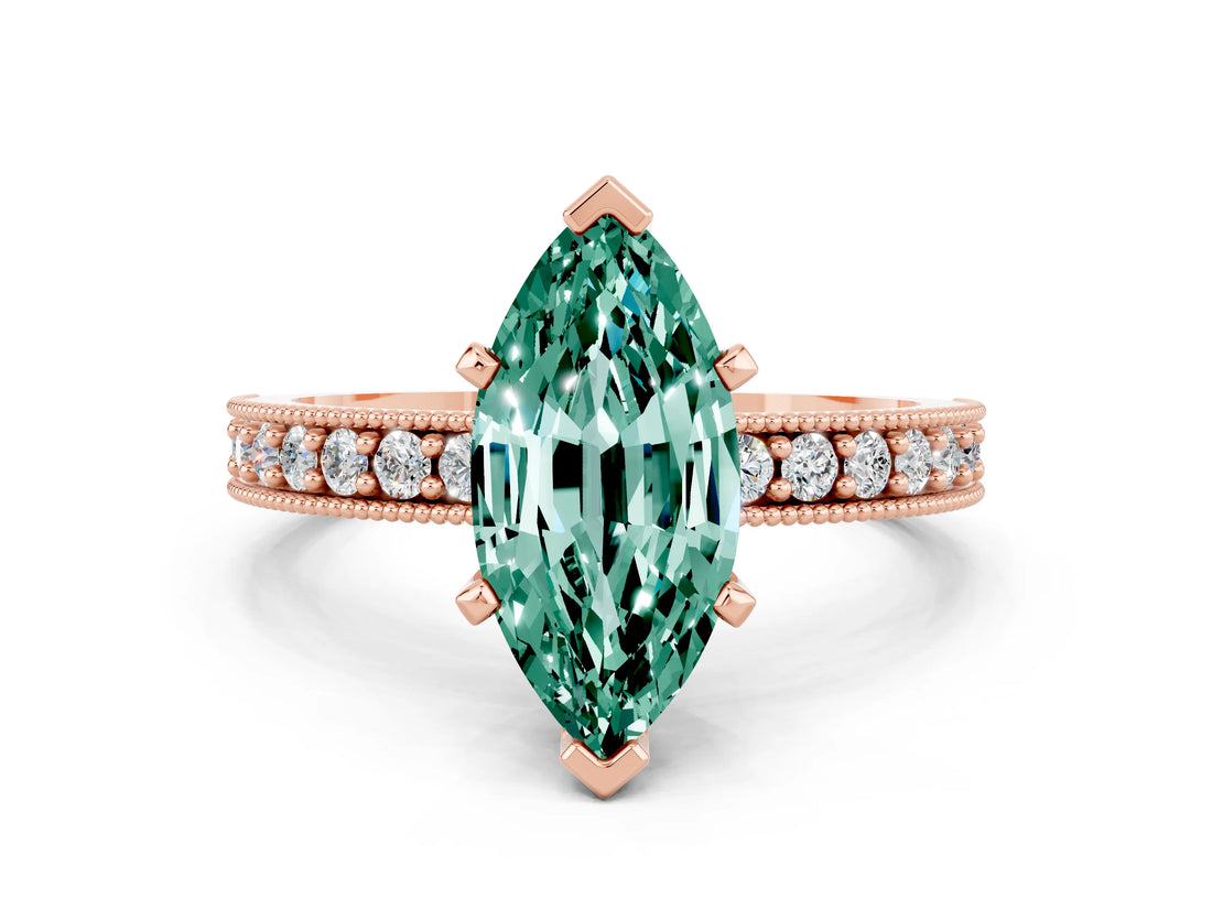 Rose gold Marquise Cut Green Sapphire Milgrain Pavé Engagement Ring with Four-Prong Setting