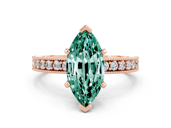 Rose gold Marquise Cut Green Sapphire Milgrain Pavé Engagement Ring with Four-Prong Setting