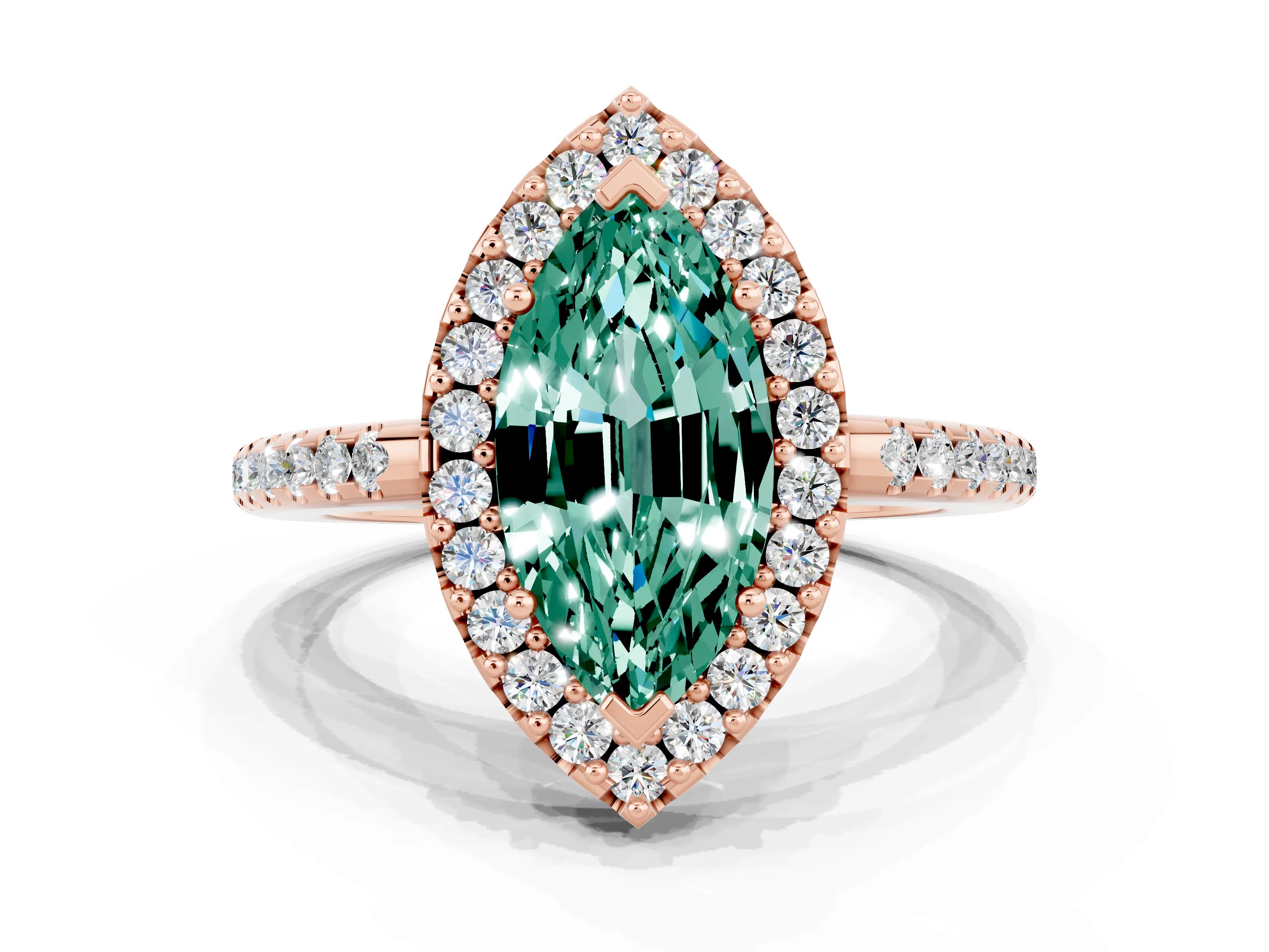 Rose gold Marquise Cut Green Sapphire Pavé Halo Ring with Four-Prong Setting_12
