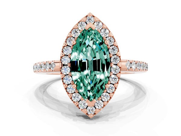 Rose gold Marquise Cut Green Sapphire Pavé Halo Ring with Four-Prong Setting