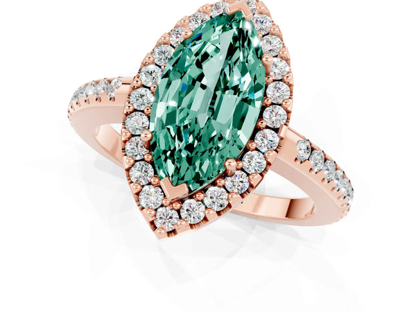 Rose gold Marquise Cut Green Sapphire Pavé Halo Ring with Four-Prong Setting