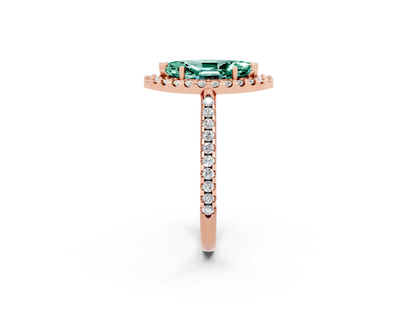Rose gold Marquise Cut Green Sapphire Pavé Halo Ring with Four-Prong Setting