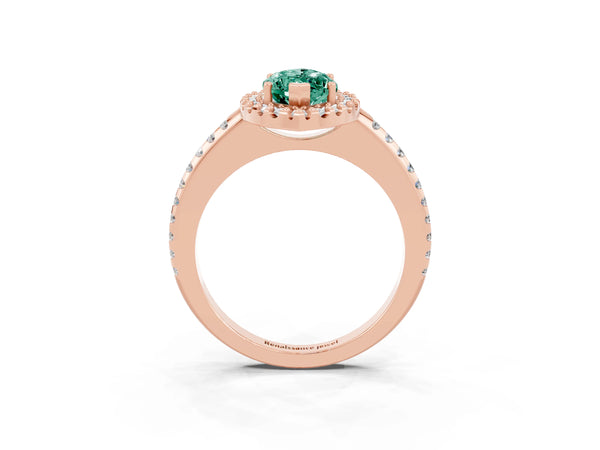 Rose gold Marquise Cut Green Sapphire Pavé Halo Ring with Four-Prong Setting