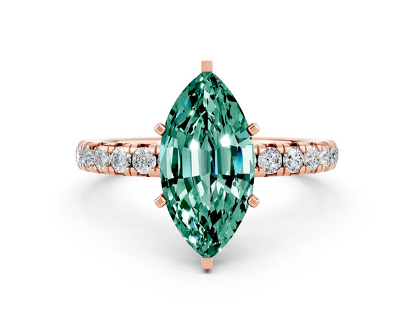 Rose gold Marquise Cut Green Sapphire Pavé Solitaire Ring with Round Band and Prong Setting