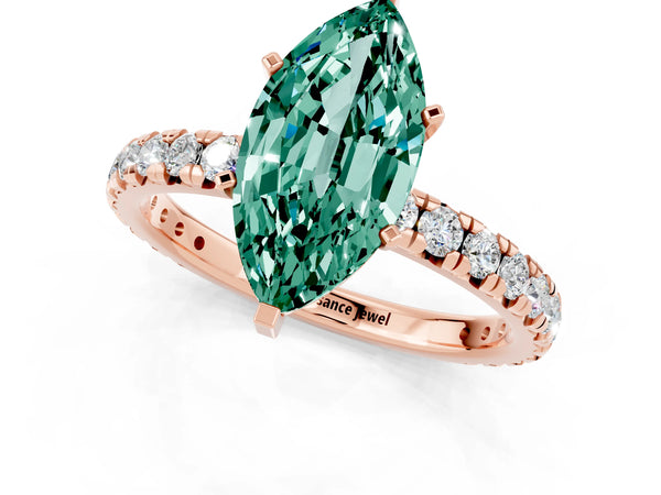Rose gold Marquise Cut Green Sapphire Pavé Solitaire Ring with Round Band and Prong Setting