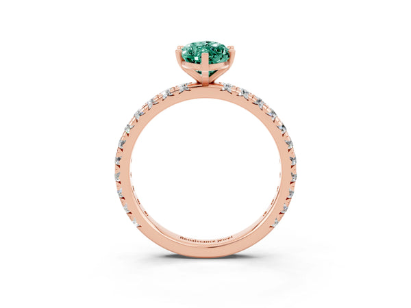 Rose gold Marquise Cut Green Sapphire Pavé Solitaire Ring with Round Band and Prong Setting