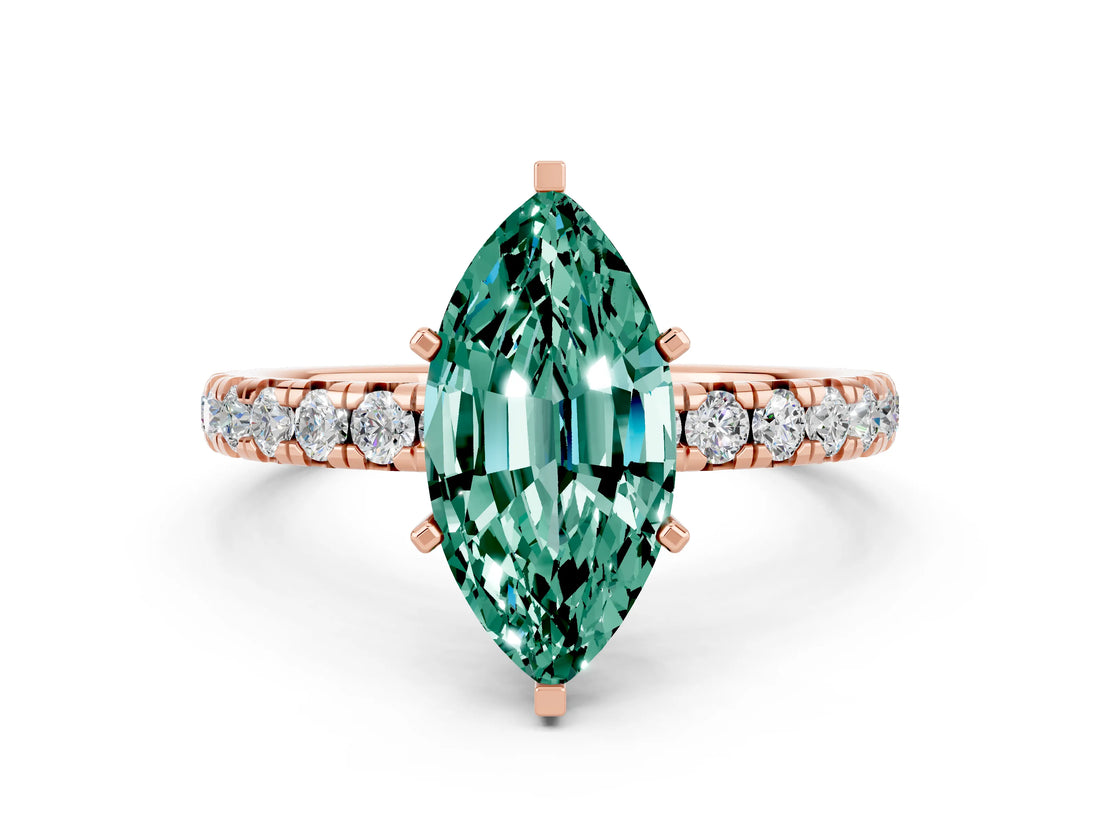 Rose gold Marquise Cut Green Sapphire Pavé Solitaire Ring with Round Band and Prong Setting_24