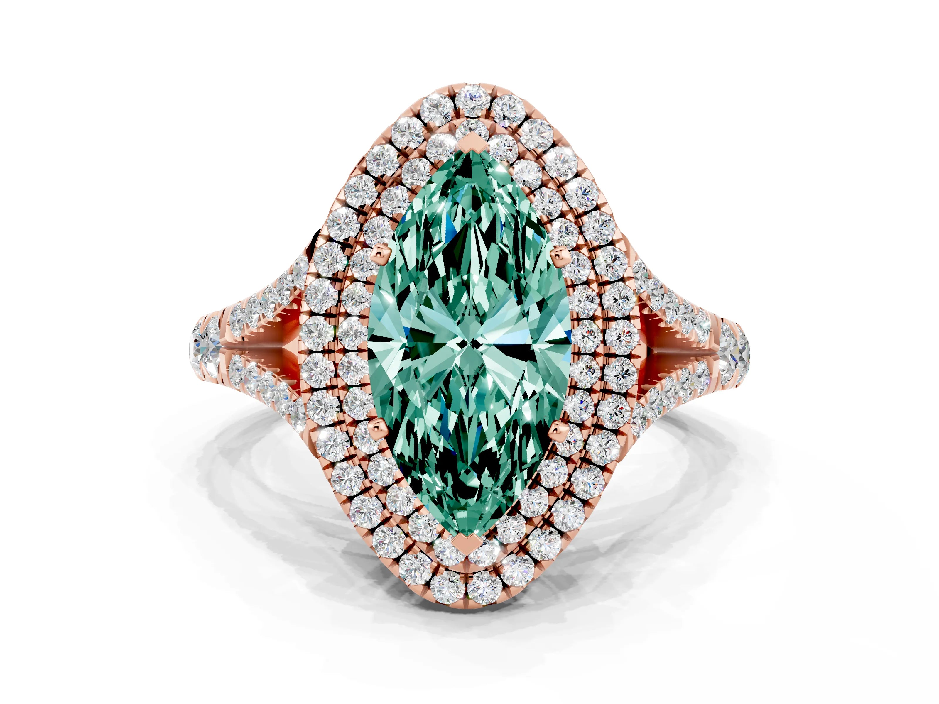 Rose gold Marquise Cut Green Sapphire Pavé Split Shank Double Halo Engagement Ring