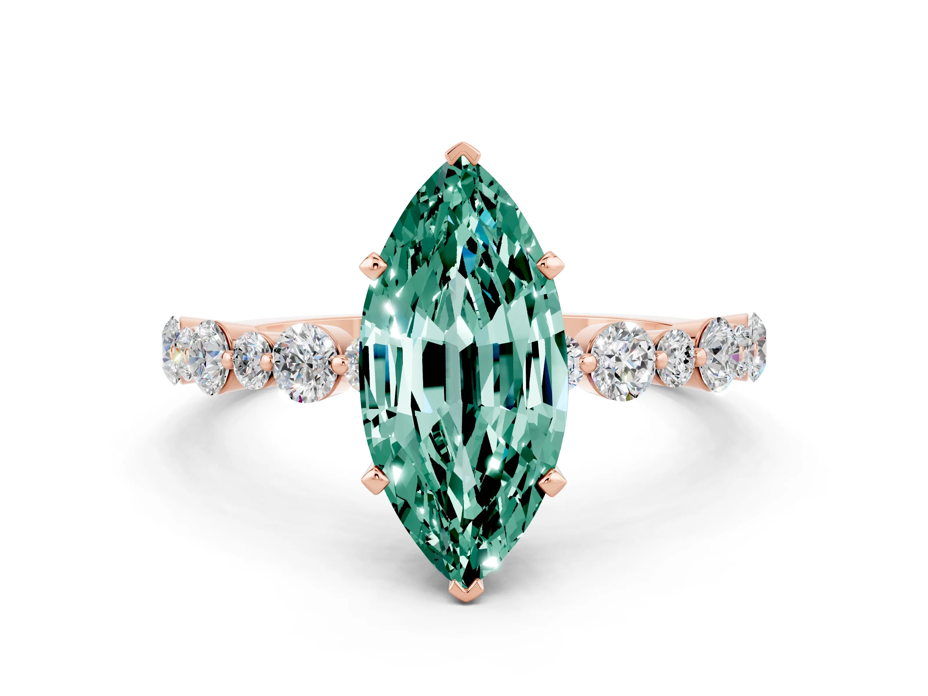 Rose gold Marquise Cut Green Sapphire Prong Set Engagement Ring with Pavé Band