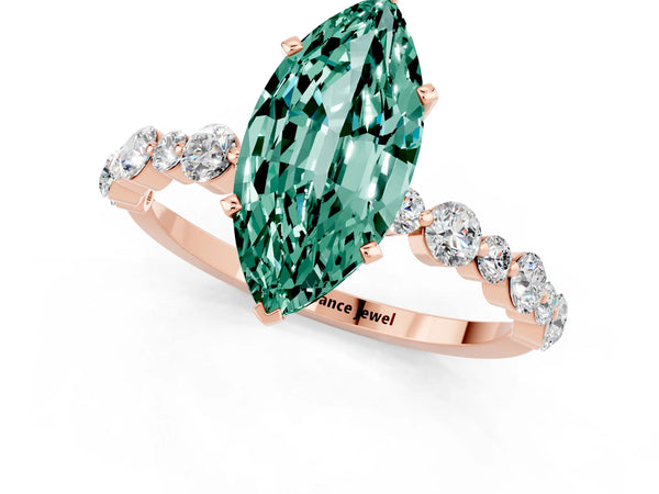 Rose gold Marquise Cut Green Sapphire Prong Set Engagement Ring with Pavé Band
