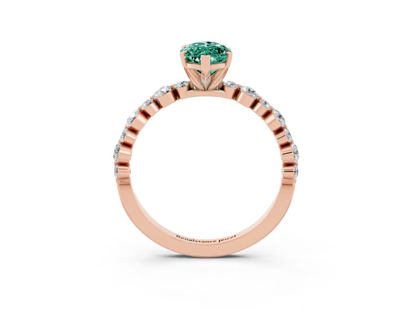 Rose gold Marquise Cut Green Sapphire Prong Set Engagement Ring with Pavé Band