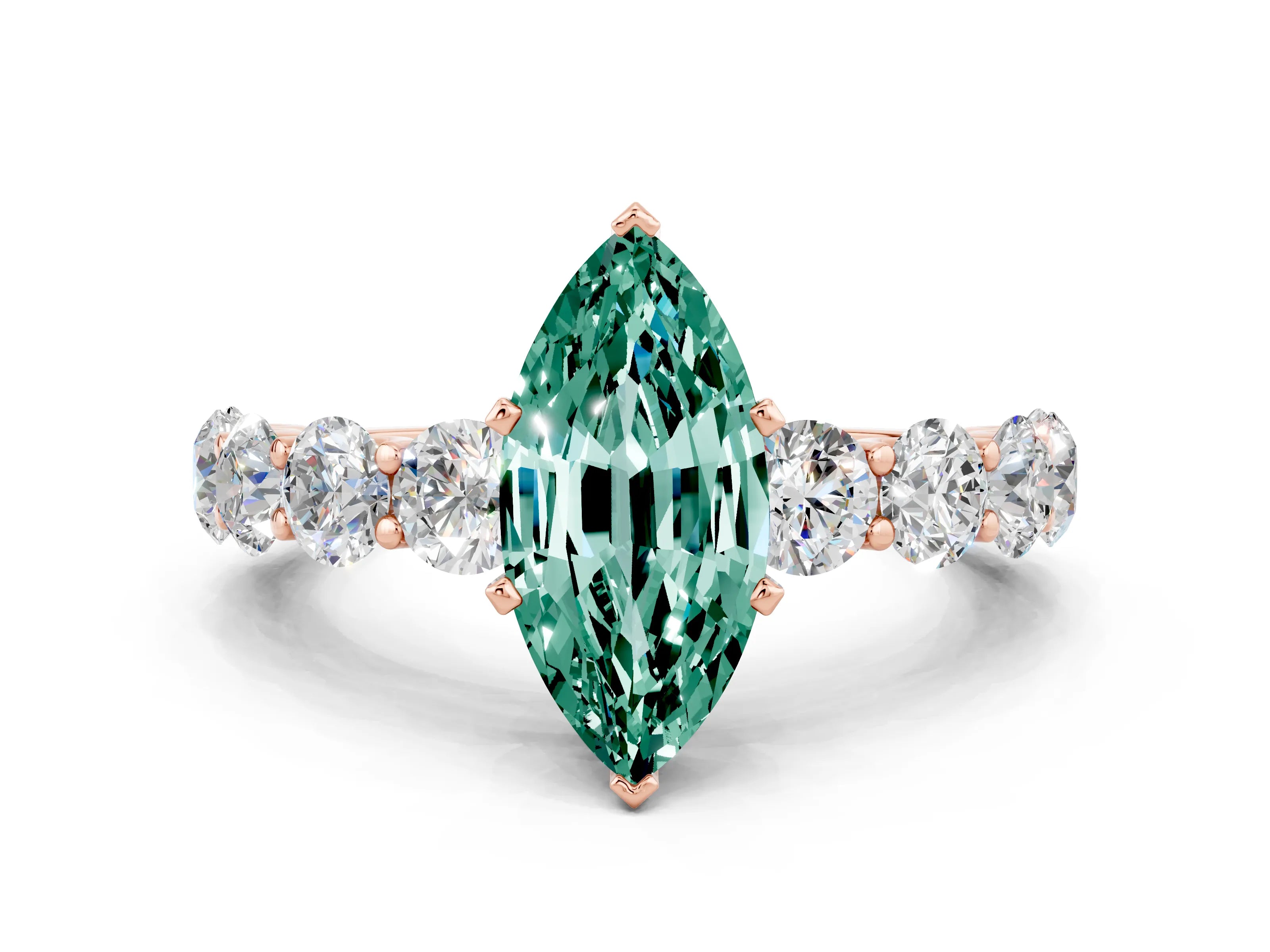 Rose gold Marquise Cut Green Sapphire Prong Setting with Side Stones on a Pave Band