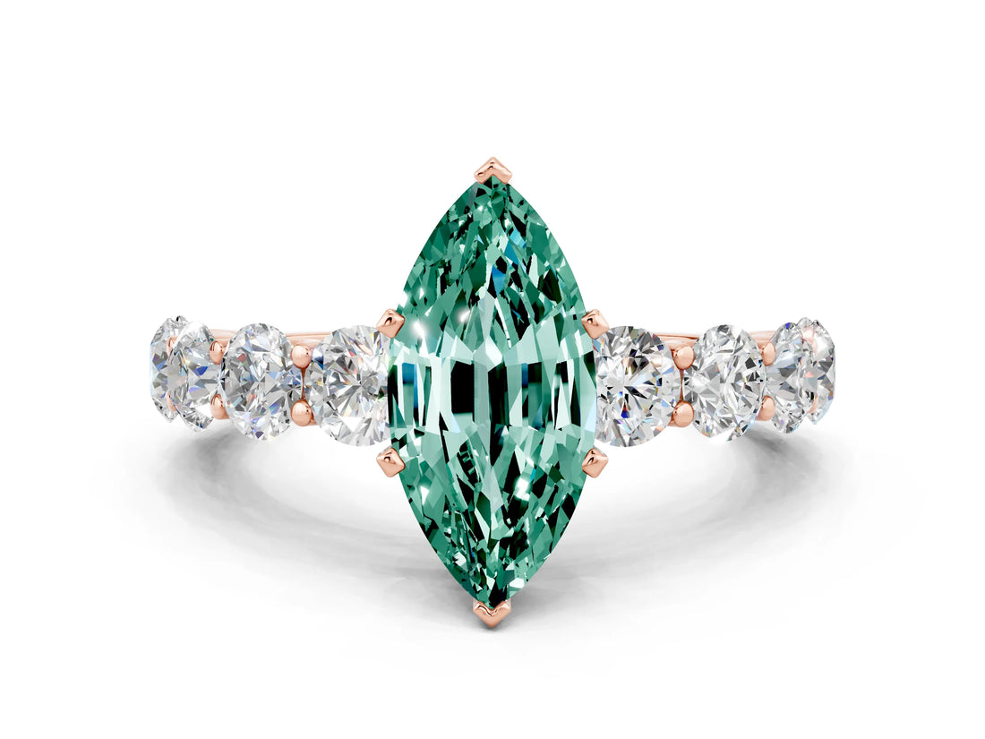 Rose gold Marquise Cut Green Sapphire Prong Setting with Side Stones on a Pave Band