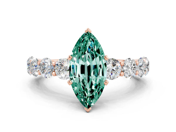 Rose gold Marquise Cut Green Sapphire Prong Setting with Side Stones on a Pave Band