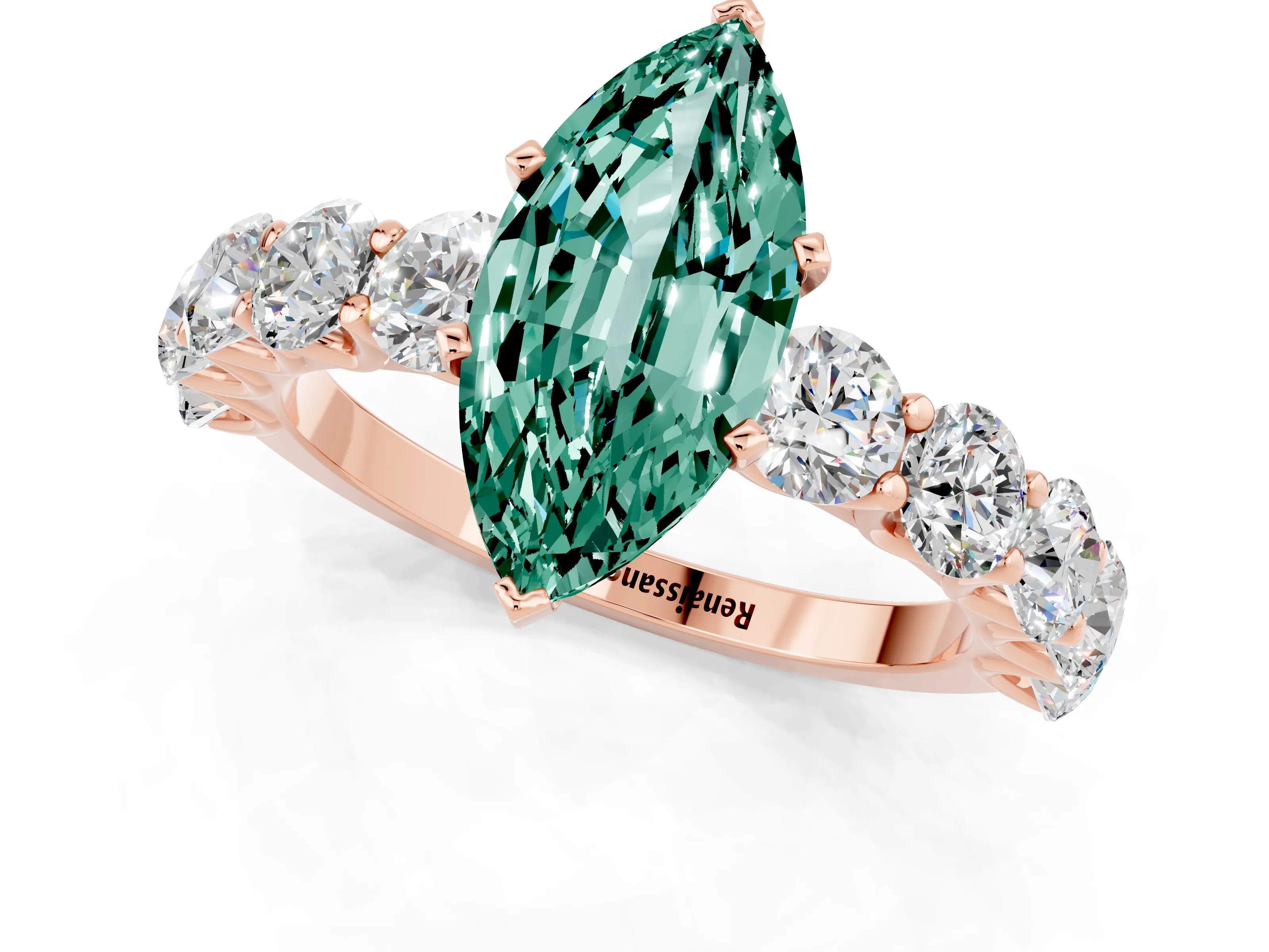 Rose gold Marquise Cut Green Sapphire Prong Setting with Side Stones on a Pave Band_1
