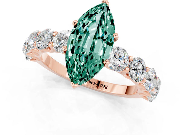 Rose gold Marquise Cut Green Sapphire Prong Setting with Side Stones on a Pave Band