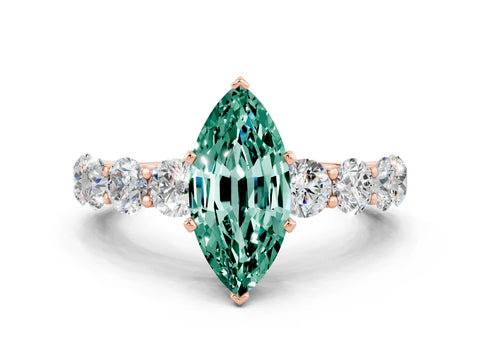 Rose gold Marquise Cut Green Sapphire Prong Setting with Side Stones on a Pave Band