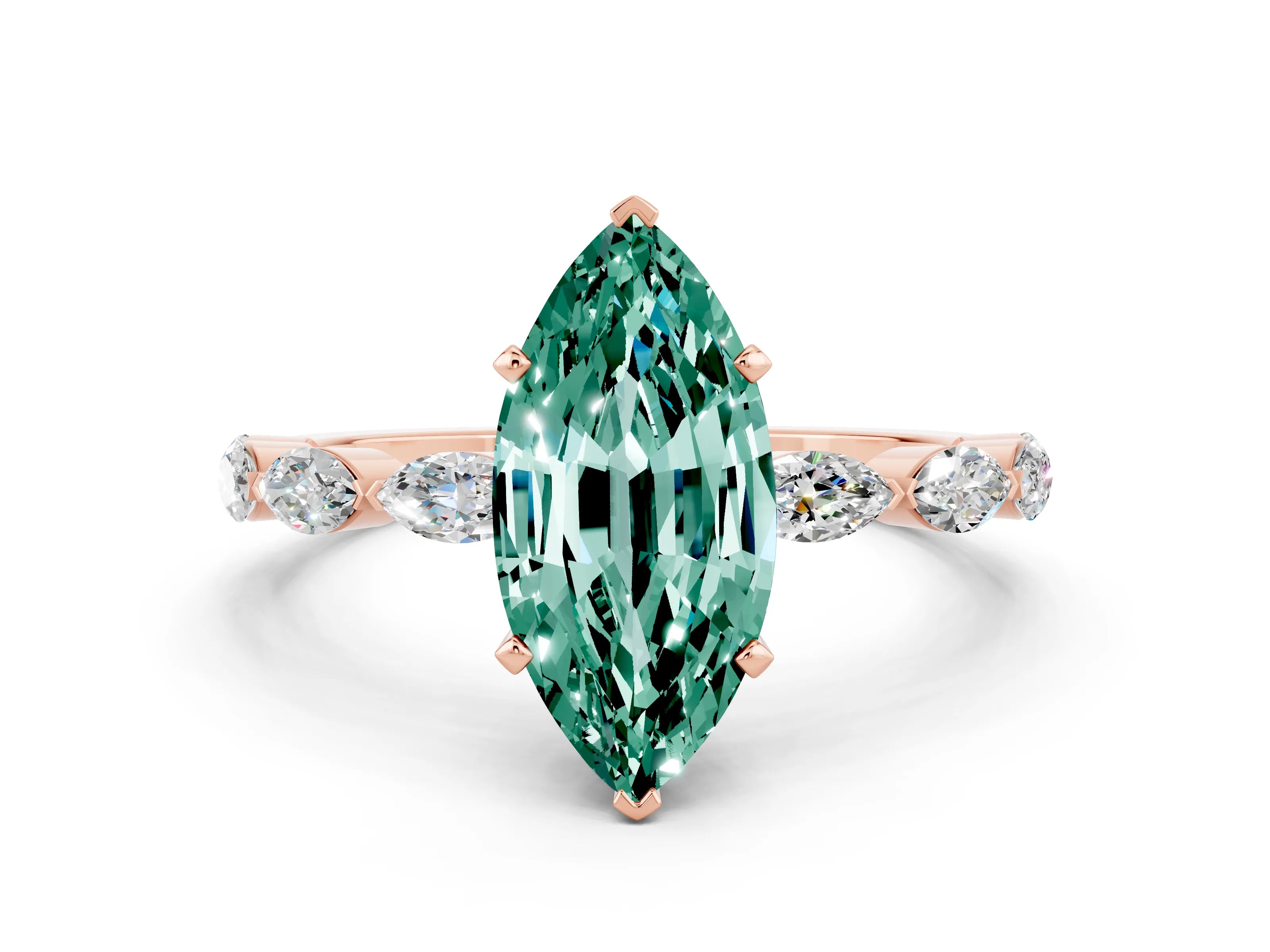Rose gold Marquise Cut Green Sapphire Ring with Marquise Side Stones and Prong Setting