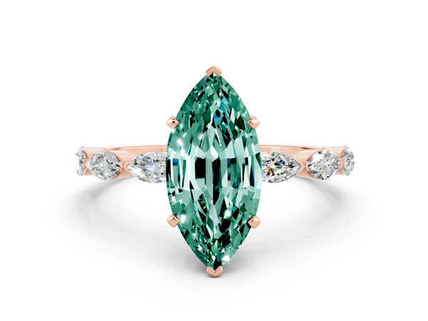 Rose gold Marquise Cut Green Sapphire Ring with Marquise Side Stones and Prong Setting