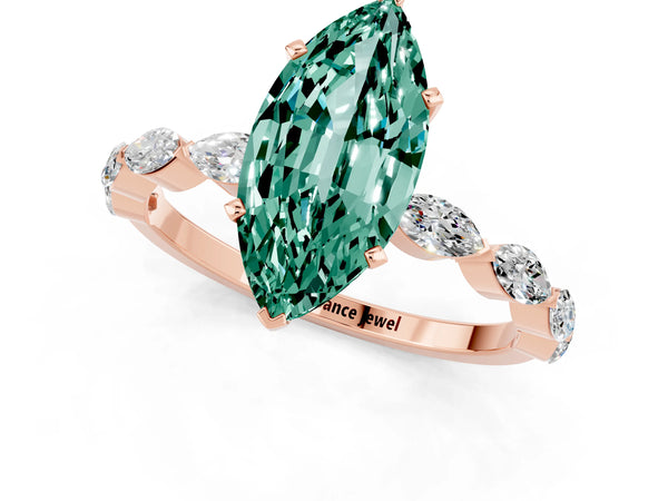 Rose gold Marquise Cut Green Sapphire Ring with Marquise Side Stones and Prong Setting
