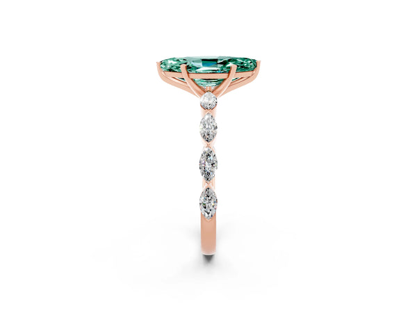 Rose gold Marquise Cut Green Sapphire Ring with Marquise Side Stones and Prong Setting