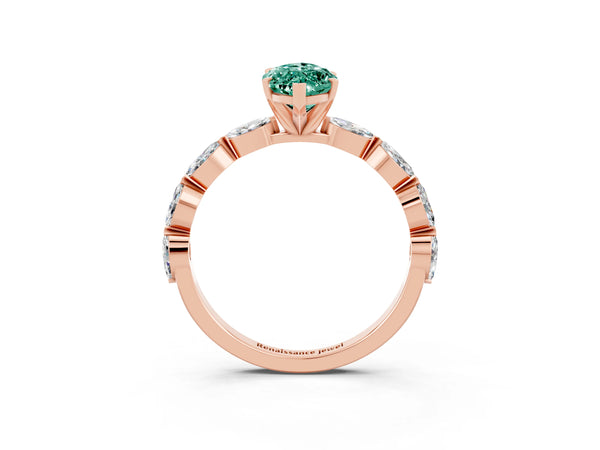 Rose gold Marquise Cut Green Sapphire Ring with Marquise Side Stones and Prong Setting