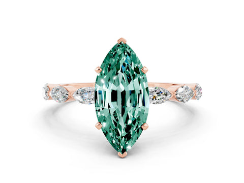 Rose gold Marquise Cut Green Sapphire Ring with Marquise Side Stones and Prong Setting