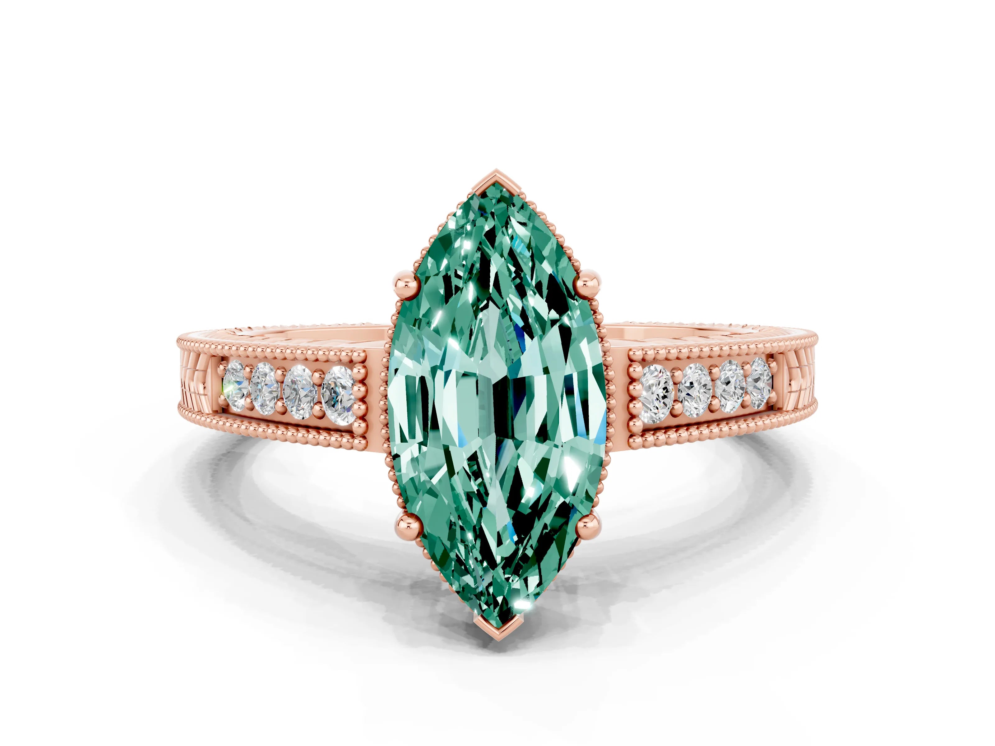 Rose gold Marquise Cut Green Sapphire Ring with Milgrain Pavé Band and Four-Prong Setting_12