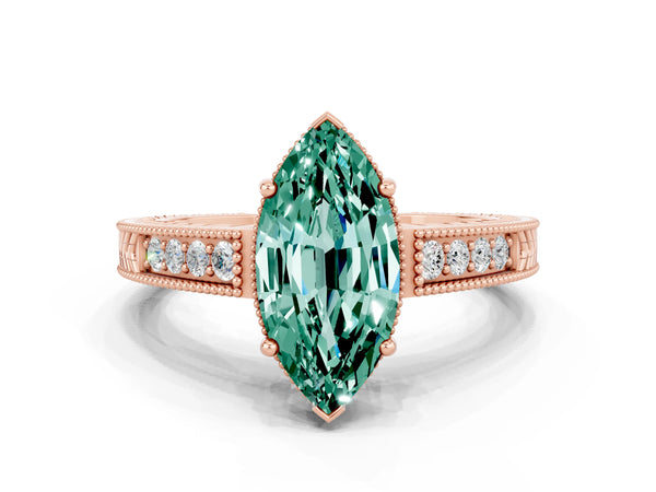 Rose gold Marquise Cut Green Sapphire Ring with Milgrain Pavé Band and Four-Prong Setting