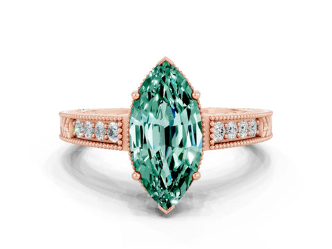 Rose gold Marquise Cut Green Sapphire Ring with Milgrain Pavé Band and Four-Prong Setting_12