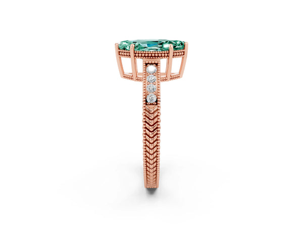 Rose gold Marquise Cut Green Sapphire Ring with Milgrain Pavé Band and Four-Prong Setting