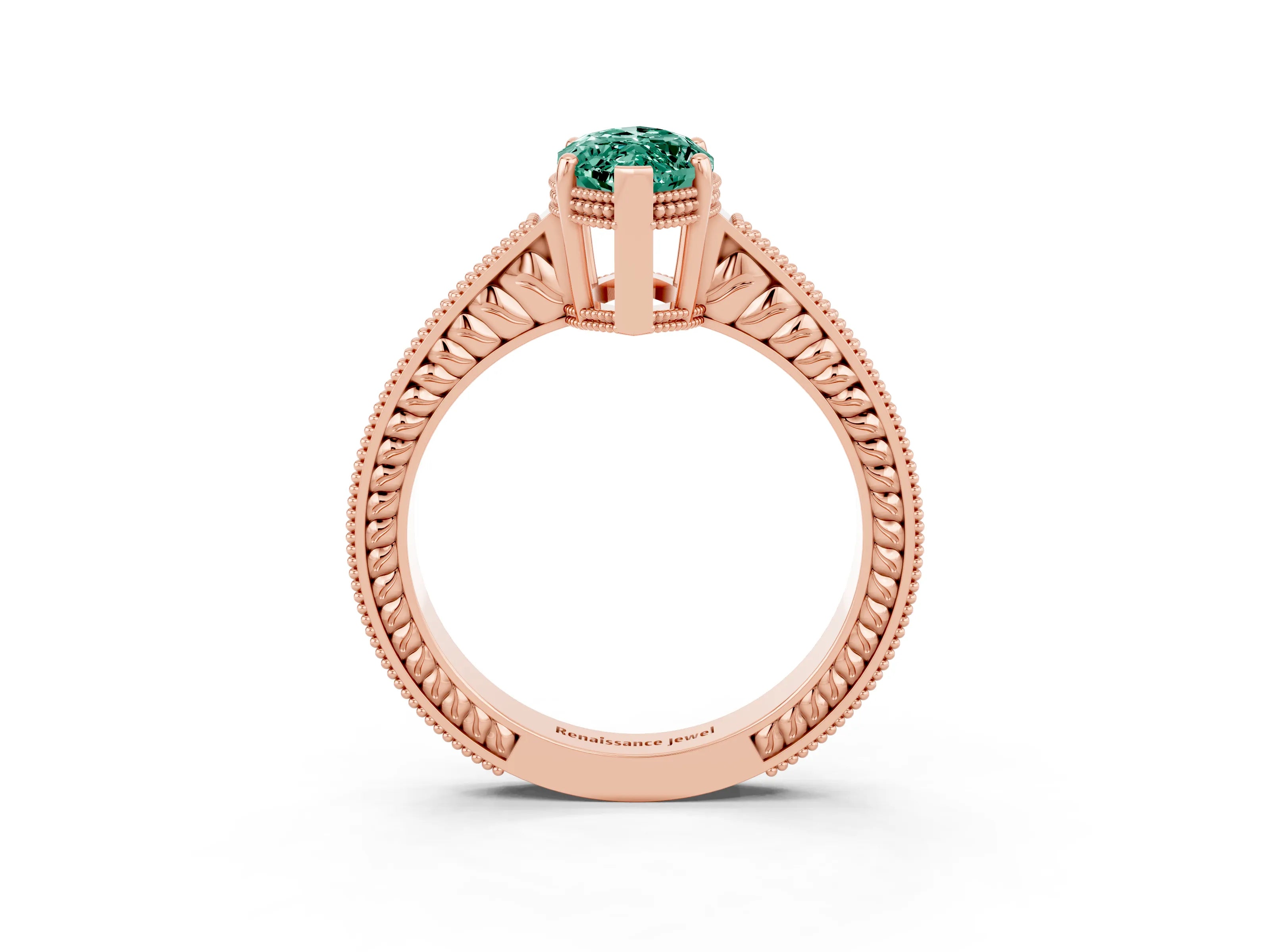 Rose gold Marquise Cut Green Sapphire Ring with Milgrain Pavé Band and Four-Prong Setting_15