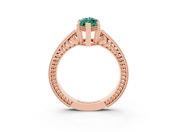 Rose gold Marquise Cut Green Sapphire Ring with Milgrain Pavé Band and Four-Prong Setting