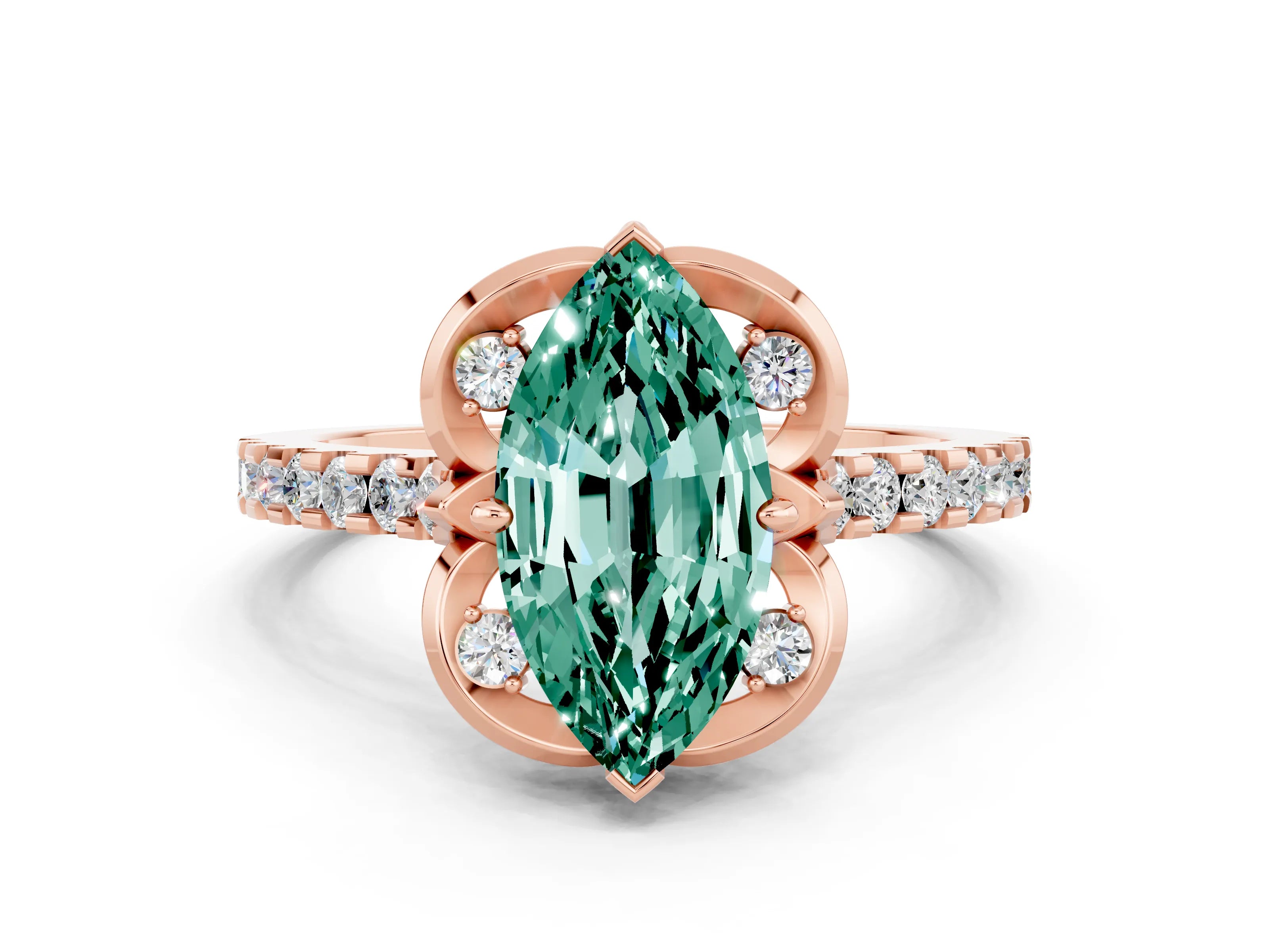 Rose gold Marquise Cut Green Sapphire Ring with Pavé Band and Floral Prong Setting