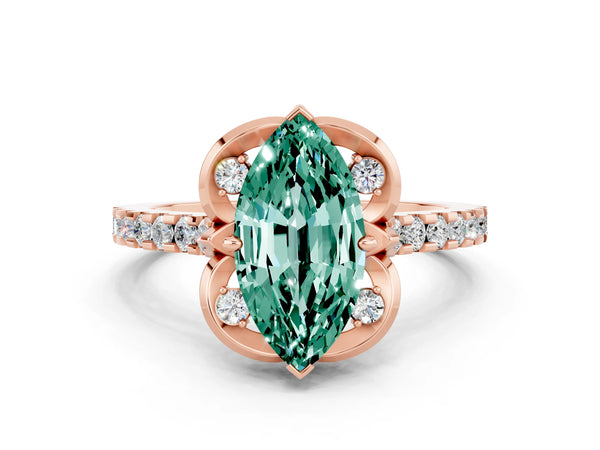 Rose gold Marquise Cut Green Sapphire Ring with Pavé Band and Floral Prong Setting