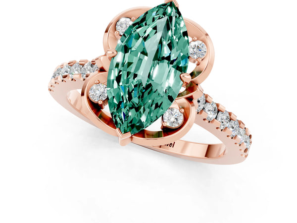 Rose gold Marquise Cut Green Sapphire Ring with Pavé Band and Floral Prong Setting