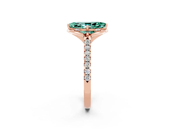 Rose gold Marquise Cut Green Sapphire Ring with Pavé Band and Floral Prong Setting