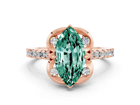 Rose gold Marquise Cut Green Sapphire Ring with Pavé Band and Floral Prong Setting