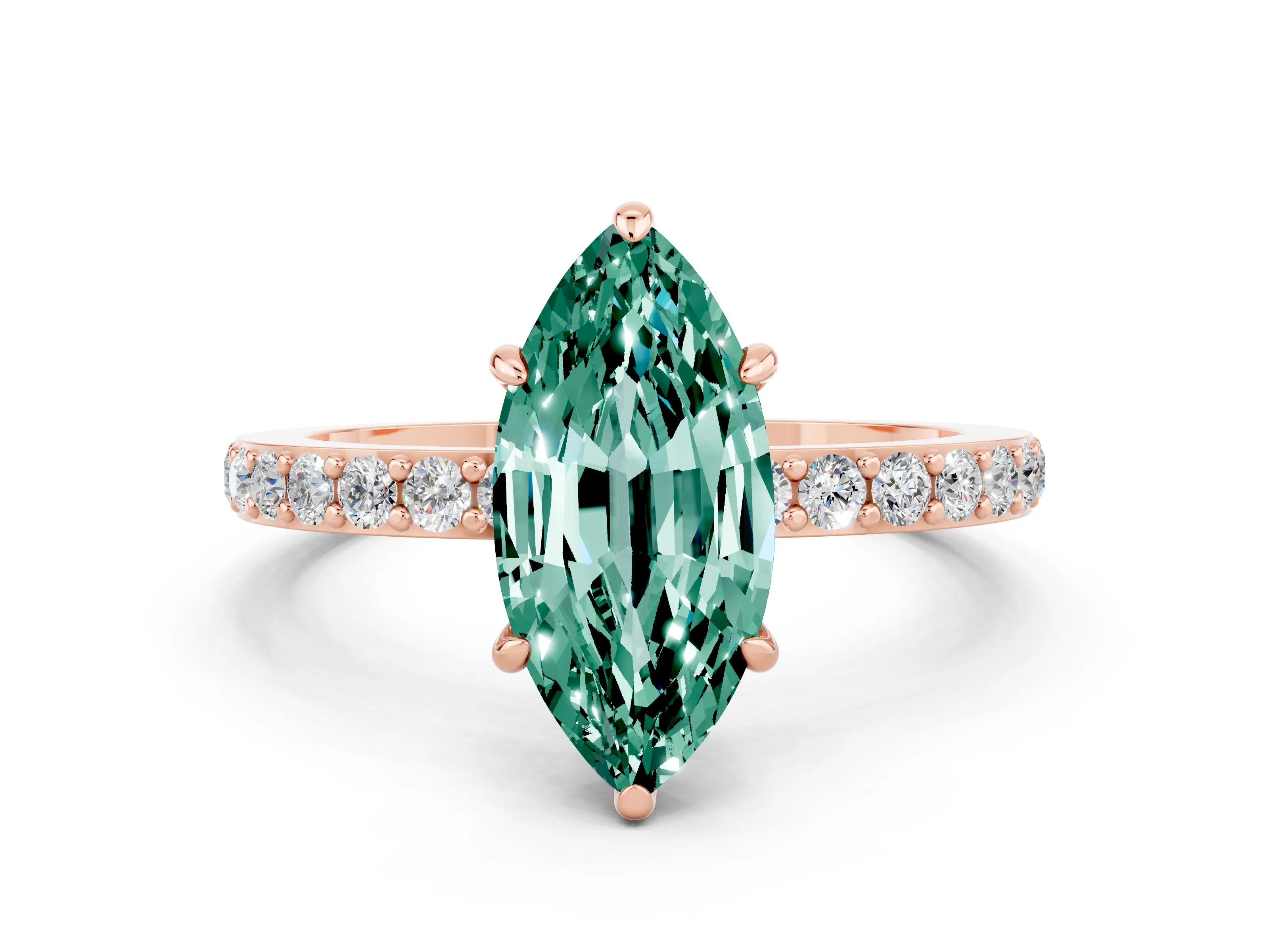 Rose gold Marquise Cut Green Sapphire Ring with Pavé Band and Four-Prong Setting
