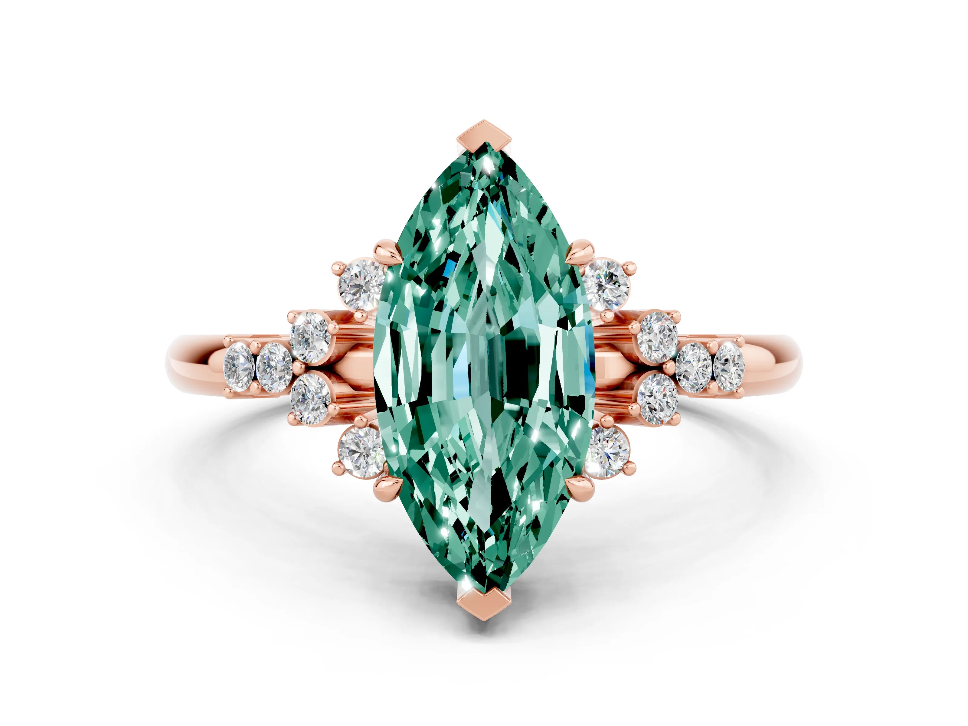Rose gold Marquise Cut Green Sapphire Ring with Side Stones and Four-Prong Setting_36