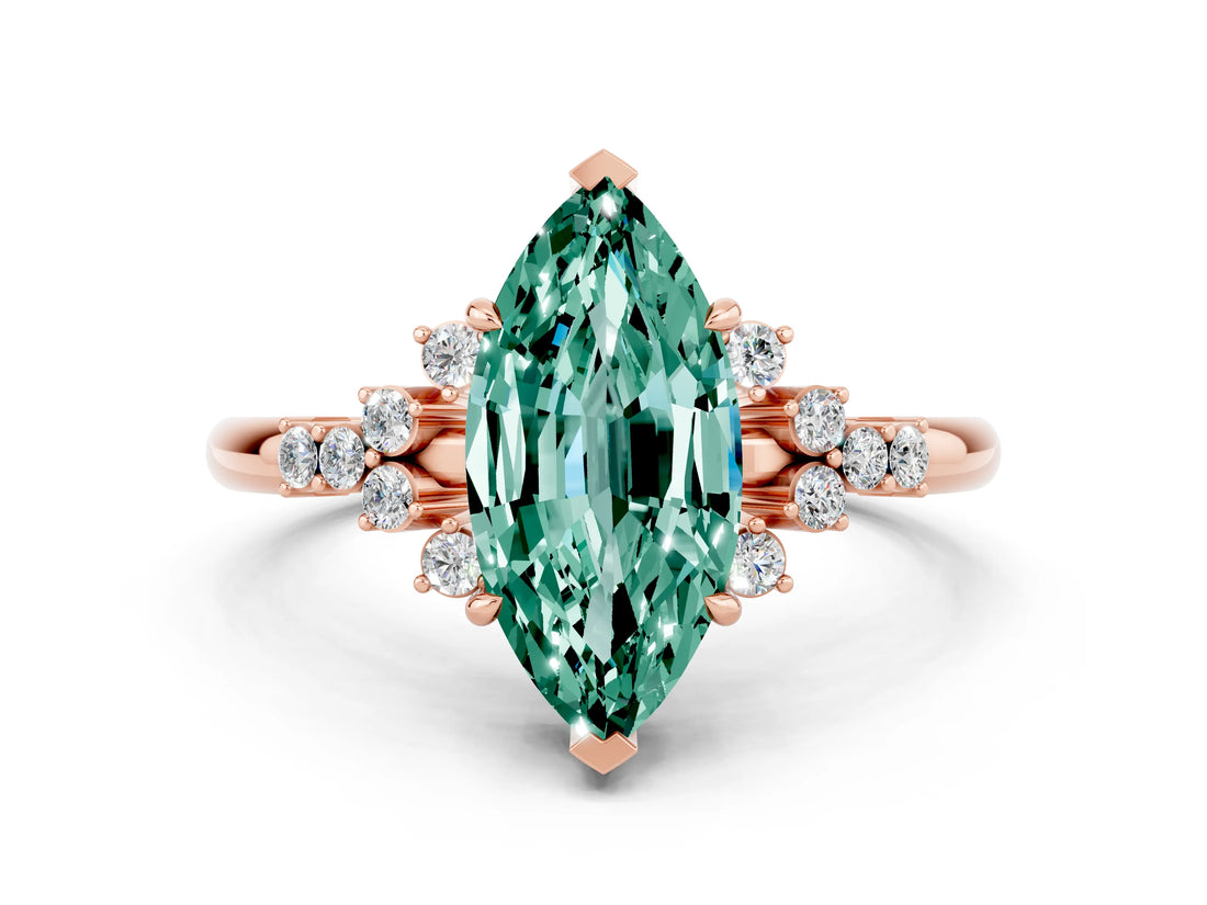 Rose gold Marquise Cut Green Sapphire Ring with Side Stones and Four-Prong Setting_36