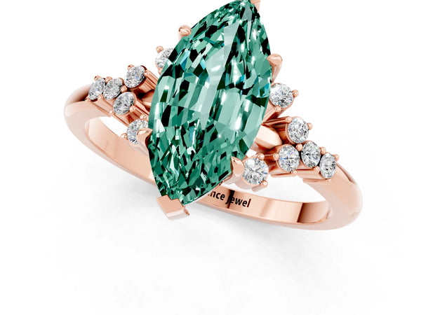 Rose gold Marquise Cut Green Sapphire Ring with Side Stones and Four-Prong Setting