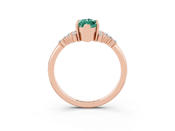 Rose gold Marquise Cut Green Sapphire Ring with Side Stones and Four-Prong Setting