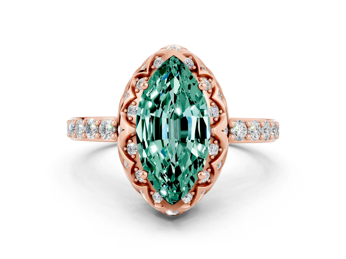 Rose gold Marquise Cut Green Sapphire Scalloped Halo Engagement Ring with Round Shared Prong Band_12