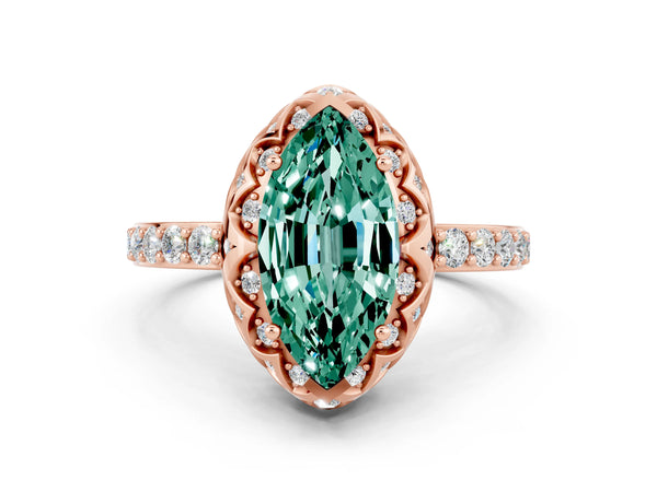 Rose gold Marquise Cut Green Sapphire Scalloped Halo Engagement Ring with Round Shared Prong Band