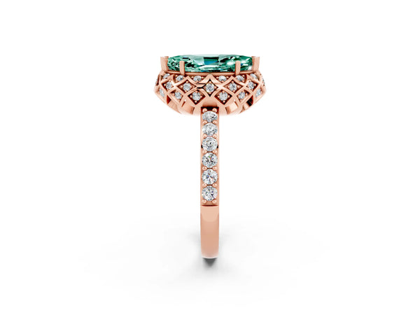 Rose gold Marquise Cut Green Sapphire Scalloped Halo Engagement Ring with Round Shared Prong Band