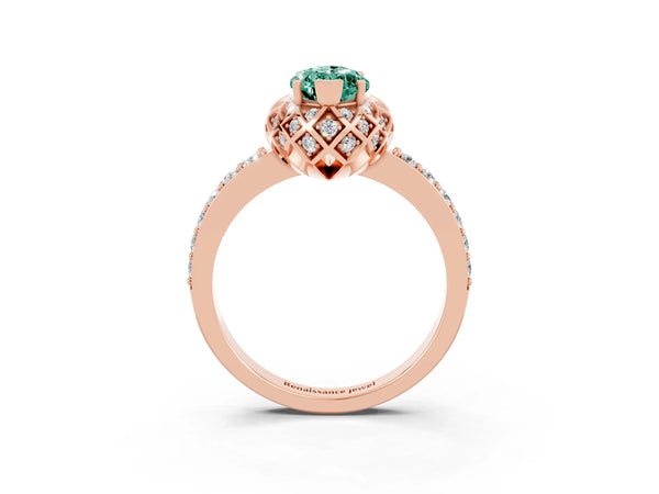 Rose gold Marquise Cut Green Sapphire Scalloped Halo Engagement Ring with Round Shared Prong Band