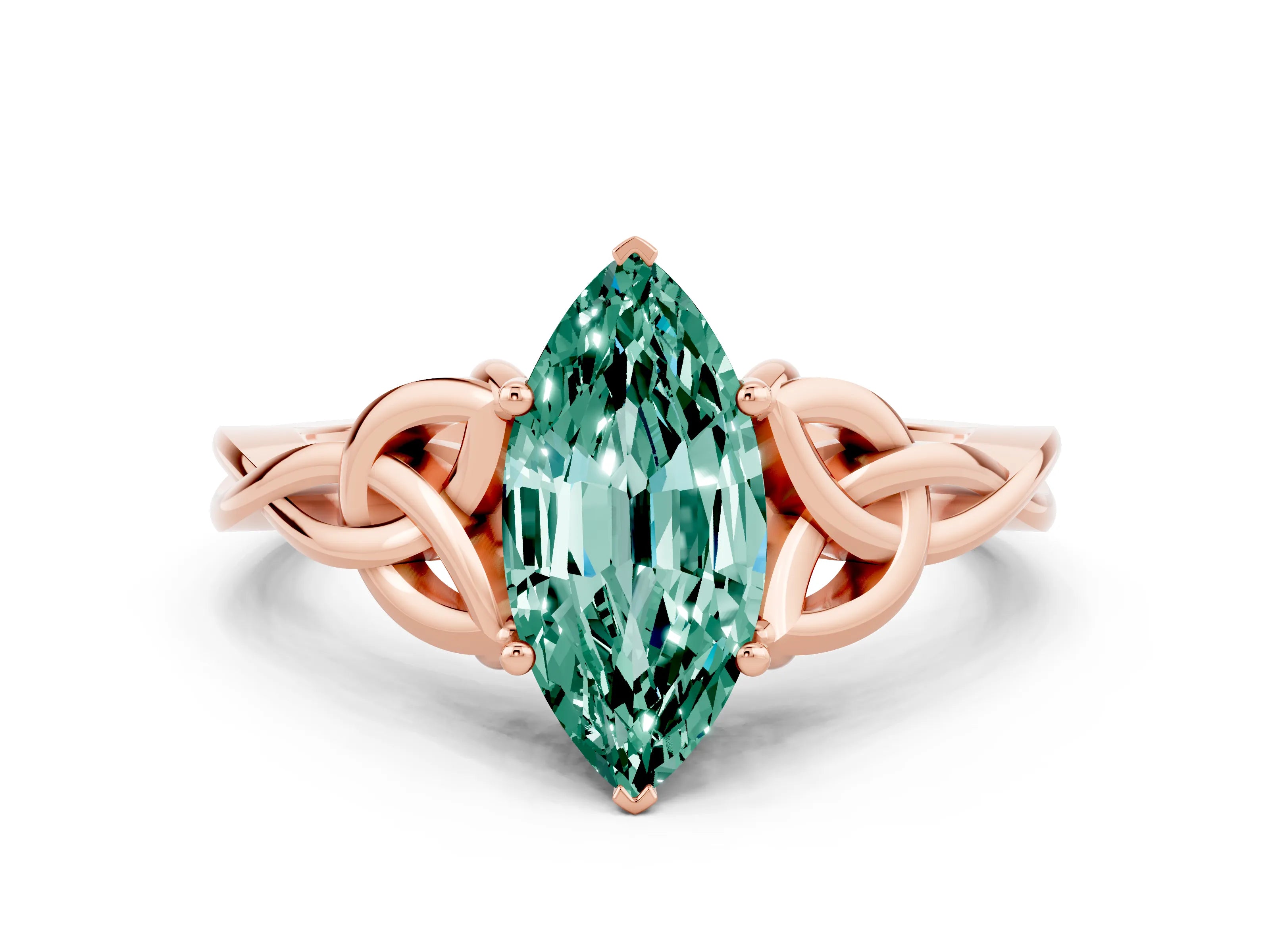 Rose gold Marquise Cut Green Sapphire Solitaire Celtic Knot Ring with Four-Prong Setting_12